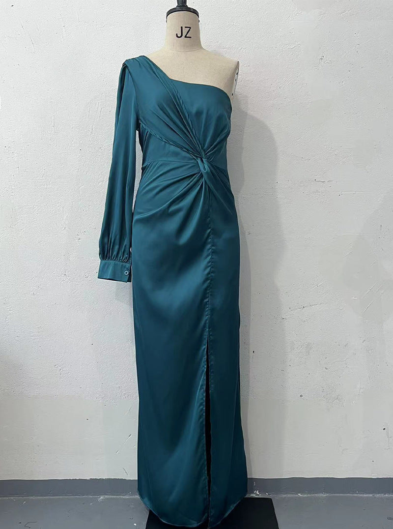 Women's One-shoulder Split Dress Ins Fashion Long-sleeved Slim Long Dresses Party Evening Clothing